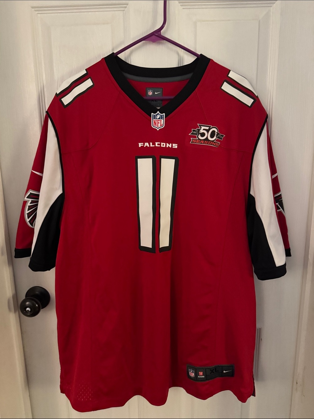 Nike Falcons Red #11 Football Jersey with 50 Seasons Patch